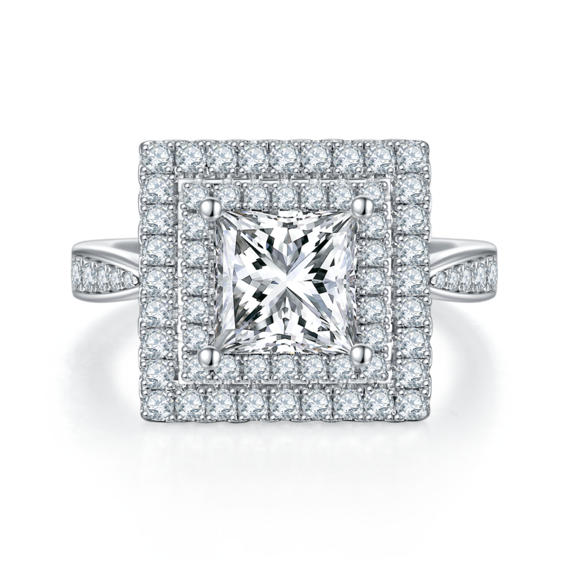 豪镶正方形S925银镀白金MoissaniteWomen's Ring2.0ctD级